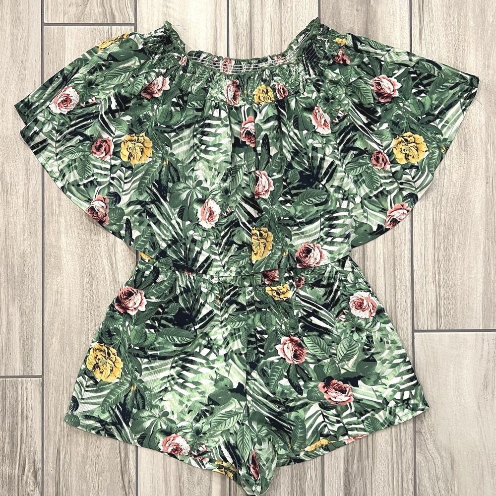 Izzy & Lola Newport Romper Womens Medium Green Tropical Floral Off Shoulder Exc